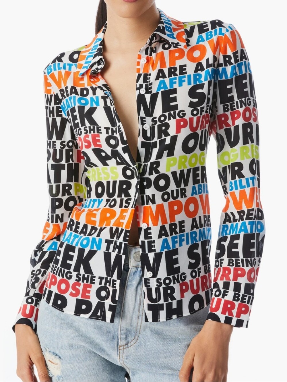 Alice And Olivia Text Print Women Silk Multicolor Button-Up Long Sleeve Shirt XS